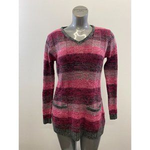 Bluecrush Women's V Neck Sweater Size Large Pink Striped Long Sleeve Acrylic
